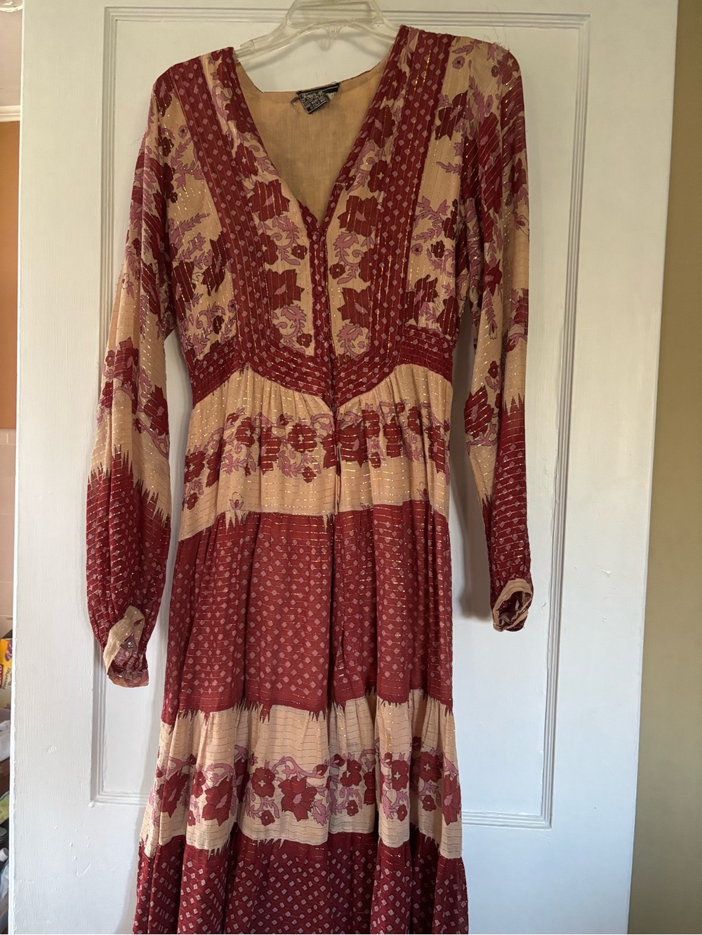 Floral V-Neck Tiered Maxi Dress in Red and Cream cotton made in India vintage